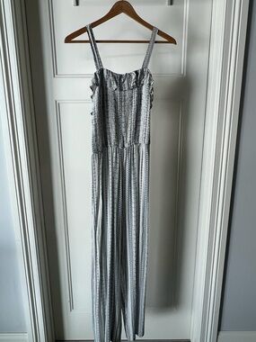Striped Ruffle-Neck Jumpsuit in White & Gray